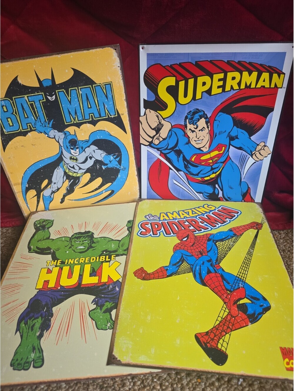 Lot 4 DC/Marvel Metal Batman Superman Spider-Man Hulk Tin Signs Man Cave Decor